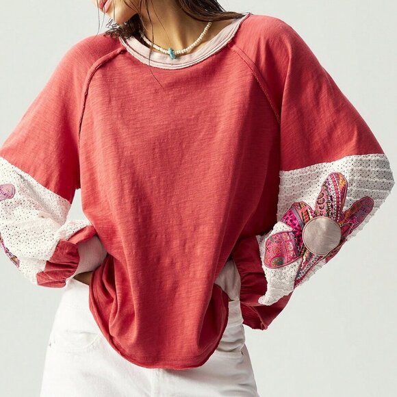 Pink Casual Women's Boho Knit Patchwork Lantern Sleeve Colorful Floral T-Shirt - Picture 5 of 7